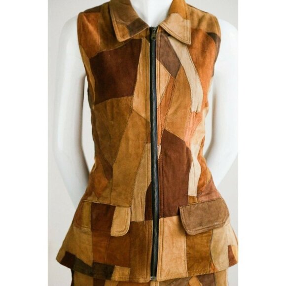 Vintage 90s Buttery Soft Brown Suede Patchwork 2  piece skirt and vest S… - Picture 4 of 12